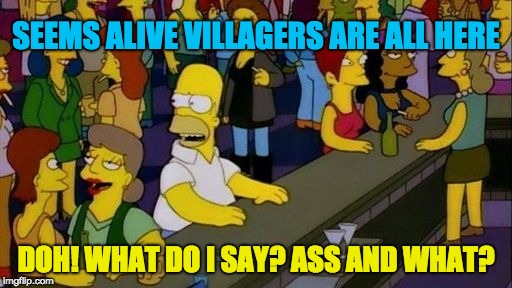 homer bar | SEEMS ALIVE VILLAGERS ARE ALL HERE; DOH! WHAT DO I SAY? ASS AND WHAT? | image tagged in homer bar | made w/ Imgflip meme maker