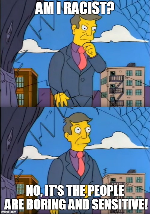 Skinner Out Of Touch | AM I RACIST? NO, IT'S THE PEOPLE ARE BORING AND SENSITIVE! | image tagged in skinner out of touch | made w/ Imgflip meme maker
