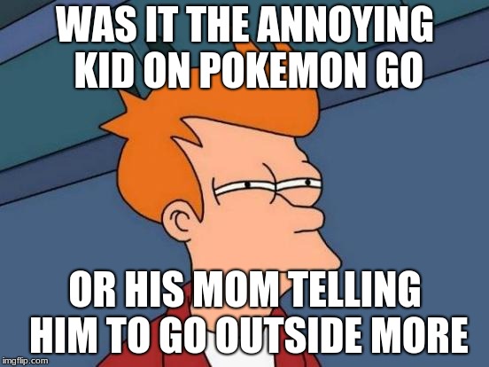 Futurama Fry | WAS IT THE ANNOYING KID ON POKEMON GO; OR HIS MOM TELLING HIM TO GO OUTSIDE MORE | image tagged in memes,futurama fry | made w/ Imgflip meme maker