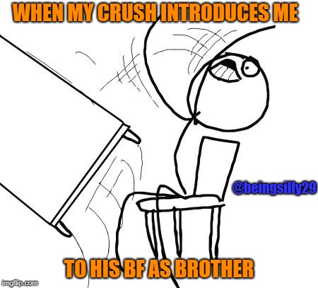 Table Flip Guy Meme | WHEN MY CRUSH INTRODUCES ME; @beingsilly29; TO HIS BF AS BROTHER | image tagged in memes,table flip guy | made w/ Imgflip meme maker