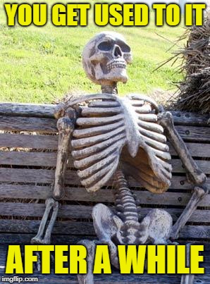 Waiting Skeleton Meme | YOU GET USED TO IT AFTER A WHILE | image tagged in memes,waiting skeleton | made w/ Imgflip meme maker