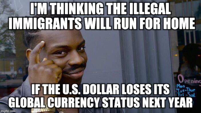 Roll Safe Think About It | I'M THINKING THE ILLEGAL IMMIGRANTS WILL RUN FOR HOME; IF THE U.S. DOLLAR LOSES ITS GLOBAL CURRENCY STATUS NEXT YEAR | image tagged in memes,roll safe think about it | made w/ Imgflip meme maker