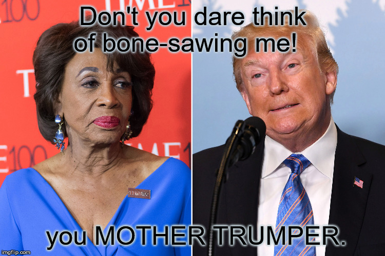 This ain't Saudi USA. | Don't you dare think of bone-sawing me! you MOTHER TRUMPER. | image tagged in dump trump,maxine waters,maxine waters crazy,donald trump | made w/ Imgflip meme maker