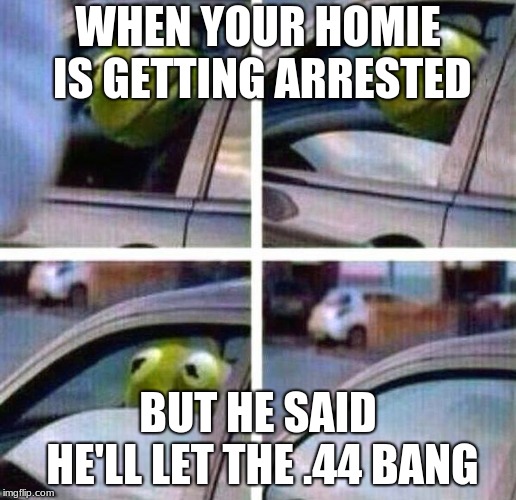Kermit Meme | WHEN YOUR HOMIE IS GETTING ARRESTED; BUT HE SAID HE'LL LET THE .44 BANG | image tagged in kermit meme | made w/ Imgflip meme maker