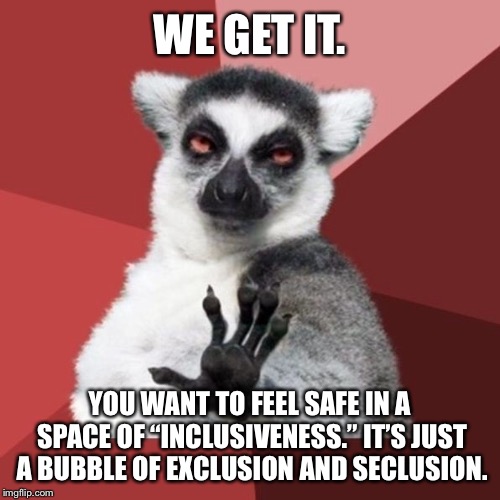 “Inclusiveness”, yeah right. | WE GET IT. YOU WANT TO FEEL SAFE IN A SPACE OF “INCLUSIVENESS.” IT’S JUST A BUBBLE OF EXCLUSION AND SECLUSION. | image tagged in memes,chill out lemur,safe space,political correctness,hide,pop culture | made w/ Imgflip meme maker