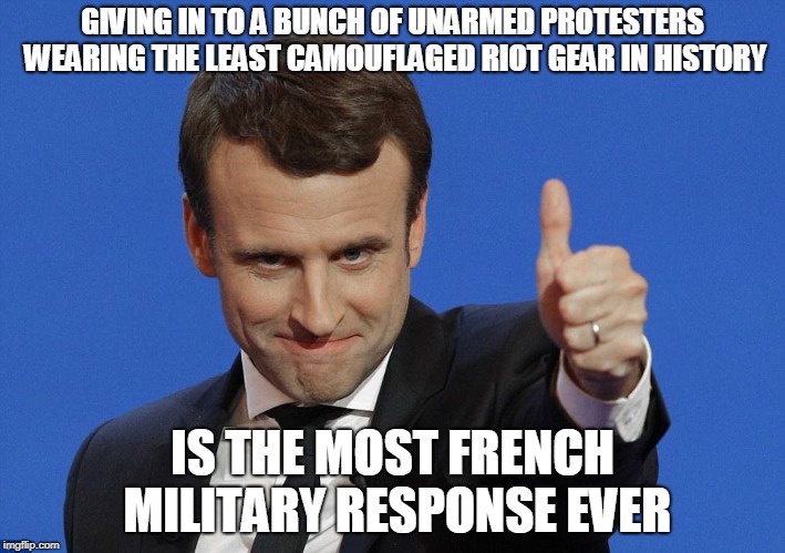 it took the german army a month to conquer france; it only took the yellow vests a couple of days... | GIVING IN TO A BUNCH OF UNARMED PROTESTERS WEARING THE LEAST CAMOUFLAGED RIOT GEAR IN HISTORY; IS THE MOST FRENCH MILITARY RESPONSE EVER | image tagged in macron thumbs up,french revolution,yellow vests,surrender | made w/ Imgflip meme maker