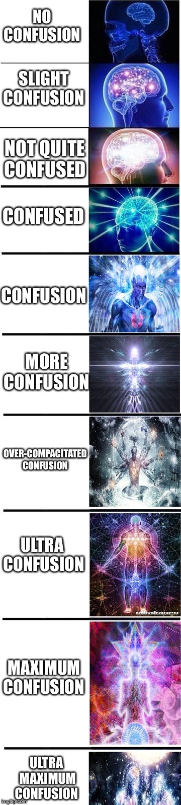 Confusion | NO CONFUSION; SLIGHT CONFUSION; NOT QUITE CONFUSED; CONFUSED; CONFUSION; MORE CONFUSION; OVER-COMPACITATED CONFUSION; ULTRA CONFUSION; MAXIMUM CONFUSION; ULTRA MAXIMUM CONFUSION | image tagged in expanding brain,confused,confusion,memes,confusing,brain mind expanding | made w/ Imgflip meme maker