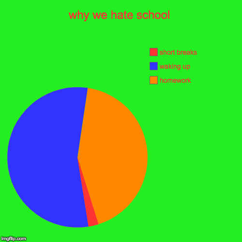 why we hate school | homework, waking up, short breaks | image tagged in funny,pie charts | made w/ Imgflip chart maker