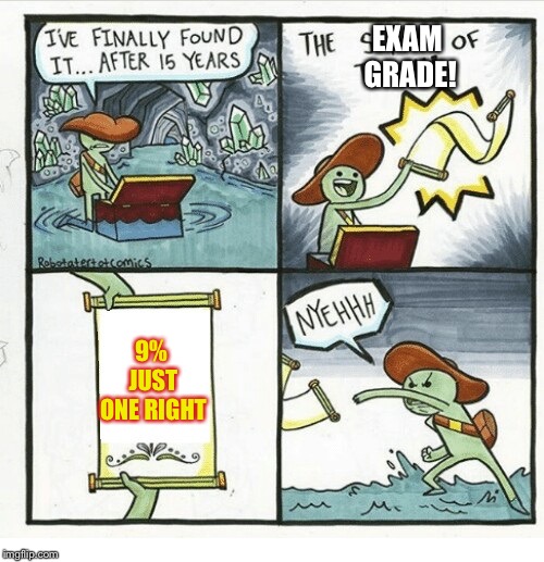 Scroll of truth | EXAM GRADE! 9% JUST ONE RIGHT | image tagged in scroll of truth | made w/ Imgflip meme maker