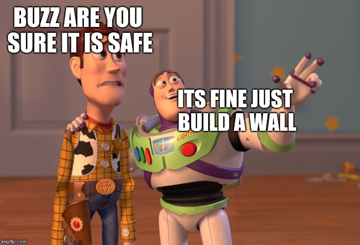 X, X Everywhere | BUZZ ARE YOU SURE IT IS SAFE; ITS FINE JUST BUILD A WALL | image tagged in memes,x x everywhere | made w/ Imgflip meme maker
