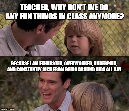 That's Just Something X Say Meme | TEACHER, WHY DON'T WE DO ANY FUN THINGS IN CLASS ANYMORE? BECAUSE I AM EXHAUSTED, OVERWORKED, UNDERPAID, AND CONSTANTLY SICK FROM BEING AROUND KIDS ALL DAY. | image tagged in memes,thats just something x say | made w/ Imgflip meme maker