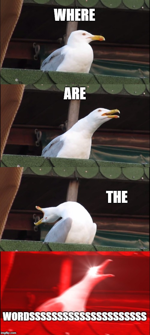 Inhaling Seagull Meme | WHERE ARE THE WORDSSSSSSSSSSSSSSSSSSSSS | image tagged in memes,inhaling seagull | made w/ Imgflip meme maker