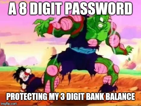 Picolo protecting gohan | A 8 DIGIT PASSWORD; PROTECTING MY 3 DIGIT BANK BALANCE | image tagged in picolo protecting gohan | made w/ Imgflip meme maker