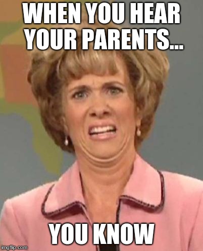 Disgusted Kristin Wiig | WHEN YOU HEAR YOUR PARENTS... YOU KNOW | image tagged in disgusted kristin wiig | made w/ Imgflip meme maker