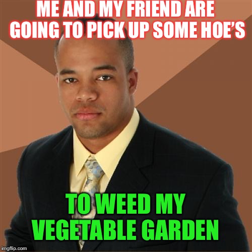 Gotta get them leafy greens. | ME AND MY FRIEND ARE GOING TO PICK UP SOME HOE’S; TO WEED MY VEGETABLE GARDEN | image tagged in memes,successful black man,gardening,hoe | made w/ Imgflip meme maker