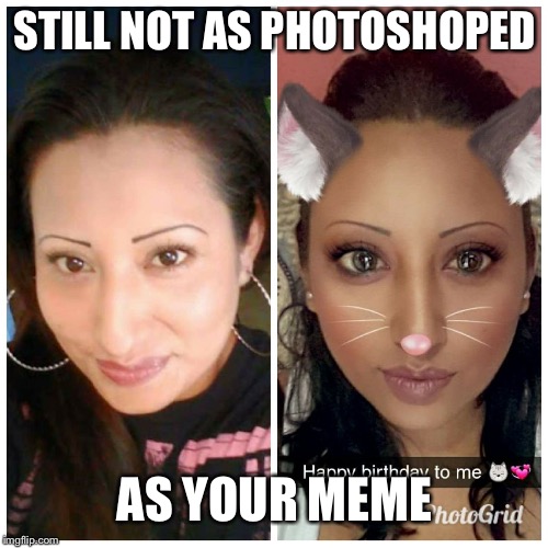 Snapchat Filters  | STILL NOT AS PHOTOSHOPED AS YOUR MEME | image tagged in snapchat filters | made w/ Imgflip meme maker