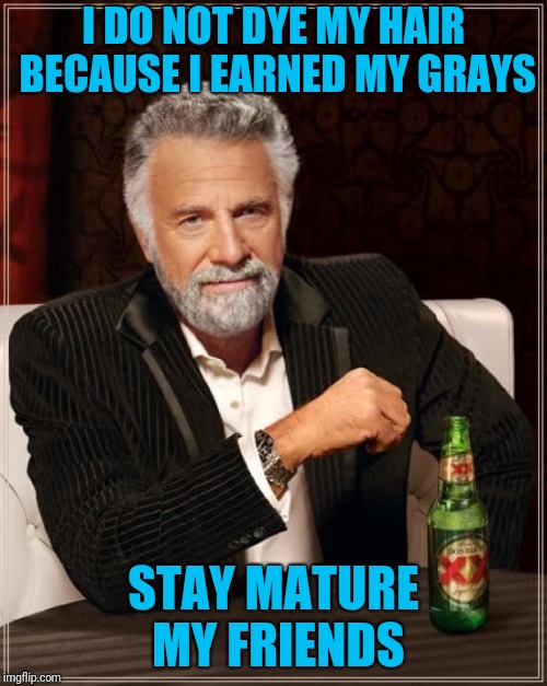 The Most Interesting Man In The World | I DO NOT DYE MY HAIR BECAUSE I EARNED MY GRAYS; STAY MATURE MY FRIENDS | image tagged in memes,the most interesting man in the world | made w/ Imgflip meme maker