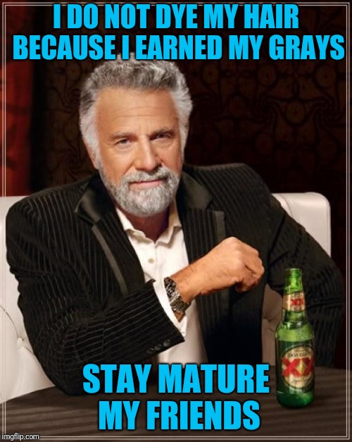 The Most Interesting Man In The World Meme | I DO NOT DYE MY HAIR BECAUSE I EARNED MY GRAYS; STAY MATURE MY FRIENDS | image tagged in memes,the most interesting man in the world | made w/ Imgflip meme maker