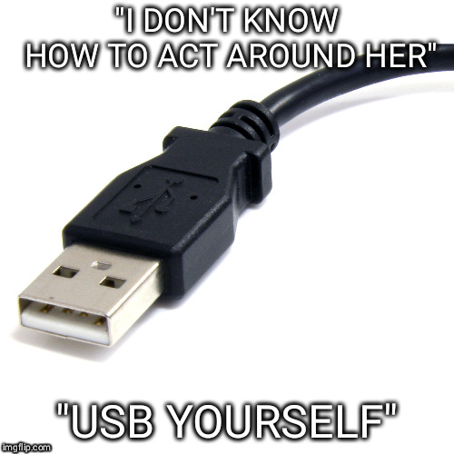 The worst advice. | "I DON'T KNOW HOW TO ACT AROUND HER"; "USB YOURSELF" | image tagged in memes,usb,puns,technology,relationships | made w/ Imgflip meme maker