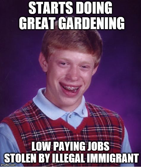 Bad Luck Brian Meme | STARTS DOING GREAT GARDENING LOW PAYING JOBS STOLEN BY ILLEGAL IMMIGRANT | image tagged in memes,bad luck brian | made w/ Imgflip meme maker
