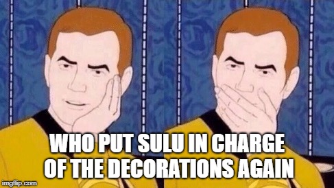 Sarcastically surprised Kirk | WHO PUT SULU IN CHARGE OF THE DECORATIONS AGAIN | image tagged in sarcastically surprised kirk | made w/ Imgflip meme maker