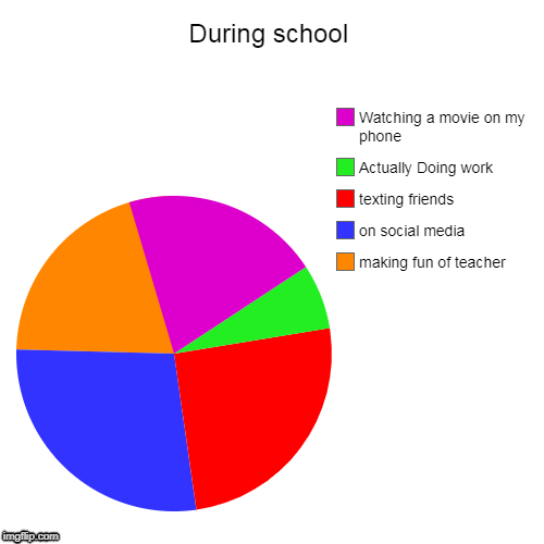 During school | making fun of teacher, on social media, texting friends, Actually Doing work, Watching a movie on my phone | image tagged in funny,pie charts | made w/ Imgflip chart maker