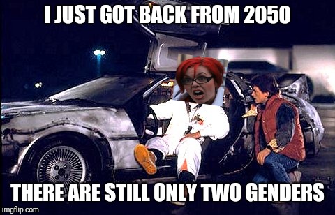 Back to the future | I JUST GOT BACK FROM 2050; THERE ARE STILL ONLY TWO GENDERS | image tagged in back to the future,triggered,triggered feminist,2 genders,genders | made w/ Imgflip meme maker