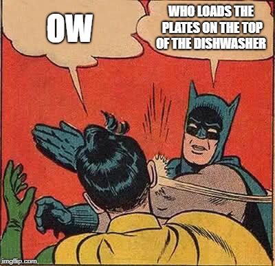 Batman Slapping Robin Meme | OW; WHO LOADS THE PLATES ON THE TOP OF THE DISHWASHER | image tagged in memes,batman slapping robin | made w/ Imgflip meme maker