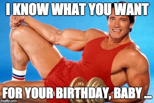 I KNOW WHAT YOU WANT; FOR YOUR BIRTHDAY, BABY ... | image tagged in arnold meme,arnold schwarzenegger,arnold,happy birthday,birthday | made w/ Imgflip meme maker