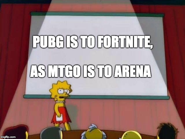 OMG FORTNITE!! | PUBG IS TO FORTNITE, AS MTGO IS TO ARENA | image tagged in lisa simpson's presentation,fortnite | made w/ Imgflip meme maker