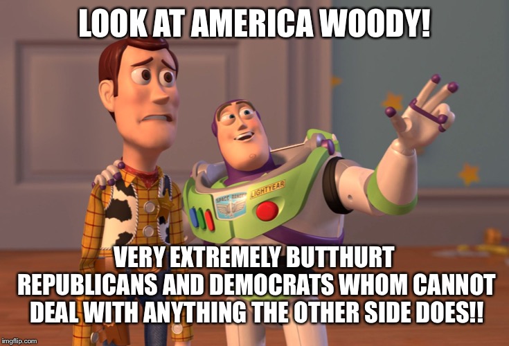 America the land of the butthurt and triggered!! | LOOK AT AMERICA WOODY! VERY EXTREMELY BUTTHURT REPUBLICANS AND DEMOCRATS WHOM CANNOT DEAL WITH ANYTHING THE OTHER SIDE DOES!! | image tagged in memes,x x everywhere | made w/ Imgflip meme maker