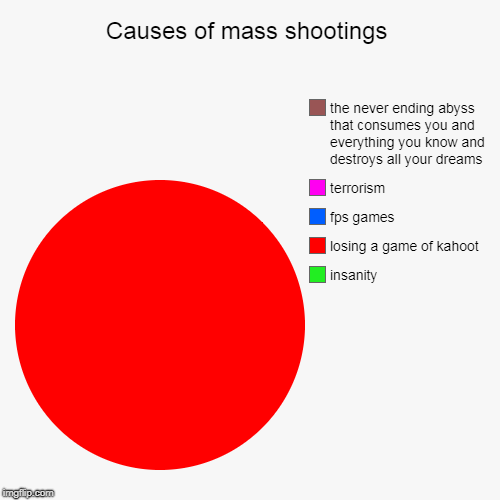 Causes of mass shootings | insanity, losing a game of kahoot, fps games, terrorism, the never ending abyss that consumes you and everything  | image tagged in funny,pie charts | made w/ Imgflip chart maker