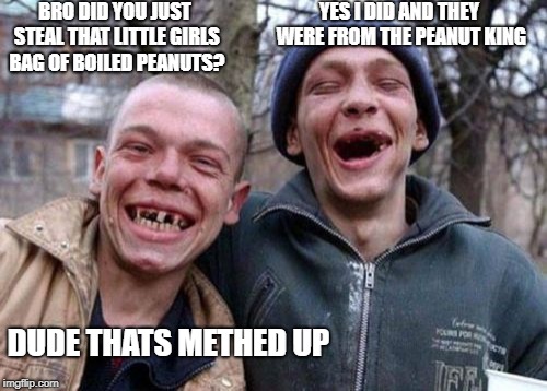 Ugly Twins | YES I DID AND THEY WERE FROM THE PEANUT KING; BRO DID YOU JUST STEAL THAT LITTLE GIRLS BAG OF BOILED PEANUTS? DUDE THATS METHED UP | image tagged in memes,ugly twins | made w/ Imgflip meme maker