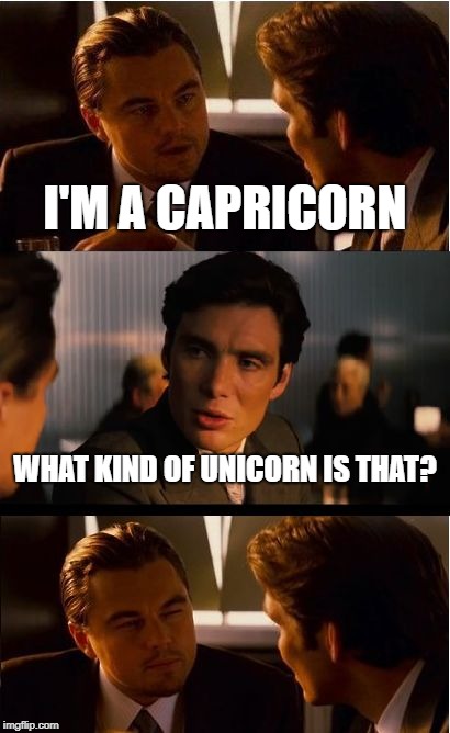 Inception Meme | I'M A CAPRICORN; WHAT KIND OF UNICORN IS THAT? | image tagged in memes,inception | made w/ Imgflip meme maker