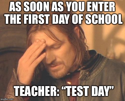 Frustrated Boromir | AS SOON AS YOU ENTER THE FIRST DAY OF SCHOOL; TEACHER: “TEST DAY” | image tagged in memes,frustrated boromir | made w/ Imgflip meme maker