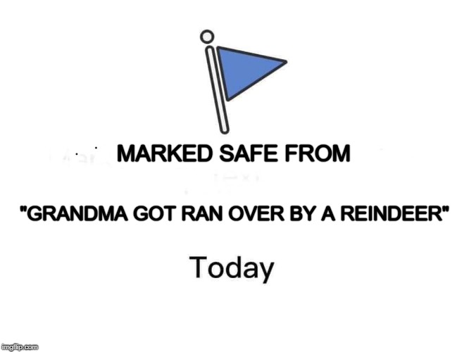 Marked safe from | MARKED SAFE FROM; "GRANDMA GOT RAN OVER BY A REINDEER" | image tagged in marked safe from | made w/ Imgflip meme maker