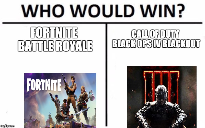 Who Would Win? | CALL OF DUTY BLACK OPS IV BLACKOUT; FORTNITE BATTLE ROYALE | image tagged in memes,who would win | made w/ Imgflip meme maker