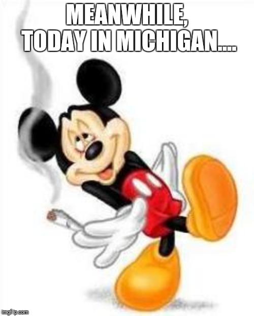 mickey loves weed | MEANWHILE, TODAY IN MICHIGAN.... | image tagged in mickey loves weed | made w/ Imgflip meme maker