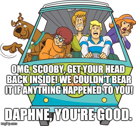 Scooby Doo | OMG, SCOOBY, GET YOUR HEAD BACK INSIDE! WE COULDN'T BEAR IT IF ANYTHING HAPPENED TO YOU! DAPHNE, YOU'RE GOOD. | image tagged in memes,scooby doo | made w/ Imgflip meme maker