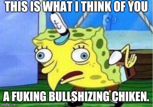 Mocking Spongebob Meme | THIS IS WHAT I THINK OF YOU; A FUKING BULLSHIZING CHIKEN. | image tagged in memes,mocking spongebob | made w/ Imgflip meme maker