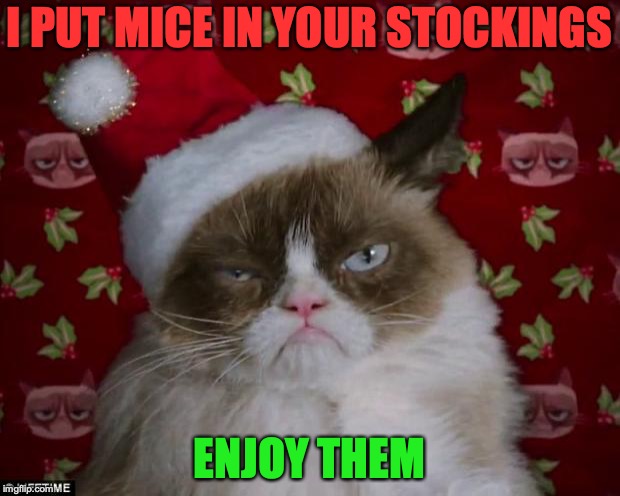 Grumpy Cat Christmas | I PUT MICE IN YOUR STOCKINGS; ENJOY THEM | image tagged in grumpy cat christmas | made w/ Imgflip meme maker