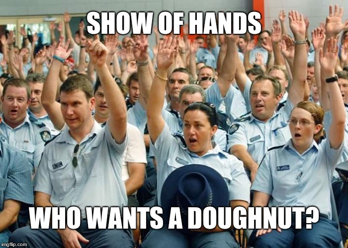 Police Raise Hands | SHOW OF HANDS; WHO WANTS A DOUGHNUT? | image tagged in police raise hands,memes,donut,doughnut,homer simpson donut,homer simpson drooling | made w/ Imgflip meme maker