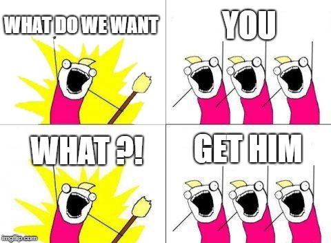 What Do We Want | WHAT DO WE WANT; YOU; GET HIM; WHAT ?! | image tagged in memes,what do we want | made w/ Imgflip meme maker
