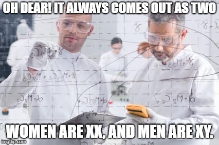 british scientists |  OH DEAR! IT ALWAYS COMES OUT AS TWO; WOMEN ARE XX, AND MEN ARE XY. | image tagged in british scientists | made w/ Imgflip meme maker