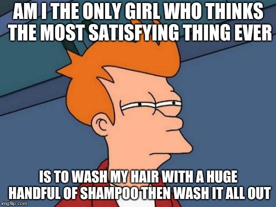 Any fellow female memers out there who think this too? |  AM I THE ONLY GIRL WHO THINKS THE MOST SATISFYING THING EVER; IS TO WASH MY HAIR WITH A HUGE HANDFUL OF SHAMPOO THEN WASH IT ALL OUT | image tagged in memes,futurama fry | made w/ Imgflip meme maker