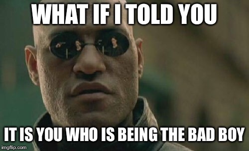 Matrix Morpheus Meme | WHAT IF I TOLD YOU; IT IS YOU WHO IS BEING THE BAD BOY | image tagged in memes,matrix morpheus | made w/ Imgflip meme maker