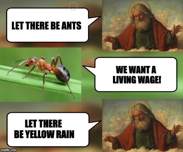 How to deal with unintended consequences | WE WANT A LIVING WAGE! LET THERE BE YELLOW RAIN | image tagged in let there be ants,funny,funny memes | made w/ Imgflip meme maker