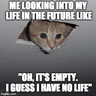 Ceiling Cat | ME LOOKING INTO MY LIFE IN THE FUTURE LIKE; "OH, IT'S EMPTY. I GUESS I HAVE NO LIFE" | image tagged in memes,ceiling cat | made w/ Imgflip meme maker