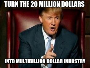 Donald Trump | TURN THE 20 MILLION DOLLARS INTO MULTIBILLION DOLLAR INDUSTRY | image tagged in donald trump | made w/ Imgflip meme maker