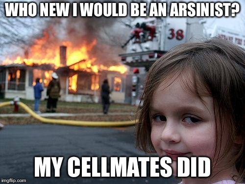 Disaster Girl Meme | WHO NEW I WOULD BE AN ARSINIST? MY CELLMATES DID | image tagged in memes,disaster girl | made w/ Imgflip meme maker